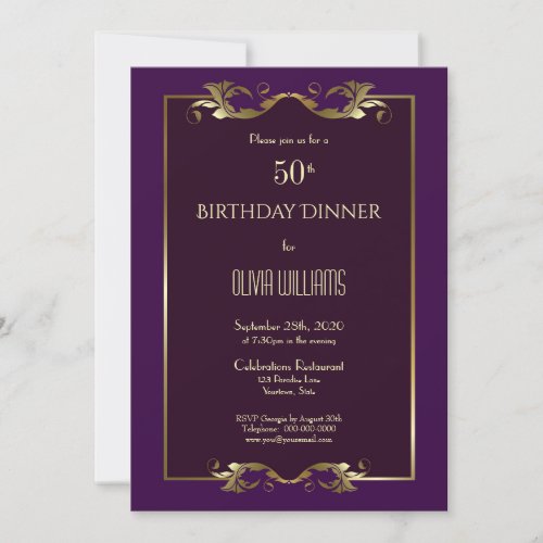 Elegant Burgundy Purple Gold 50th Birthday Dinner Invitation