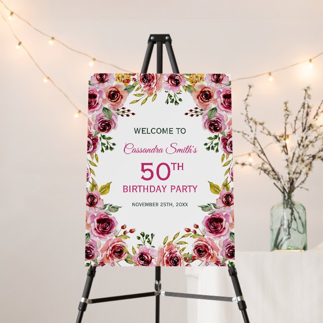 Elegant Burgundy Purple Rose Greenery Birthday  Foam Board (In Situ (Stand))