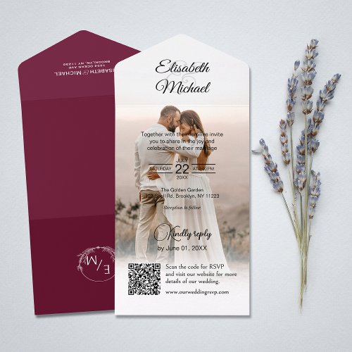 Elegant Burgundy QR Code Photo Wedding All In One Invitation