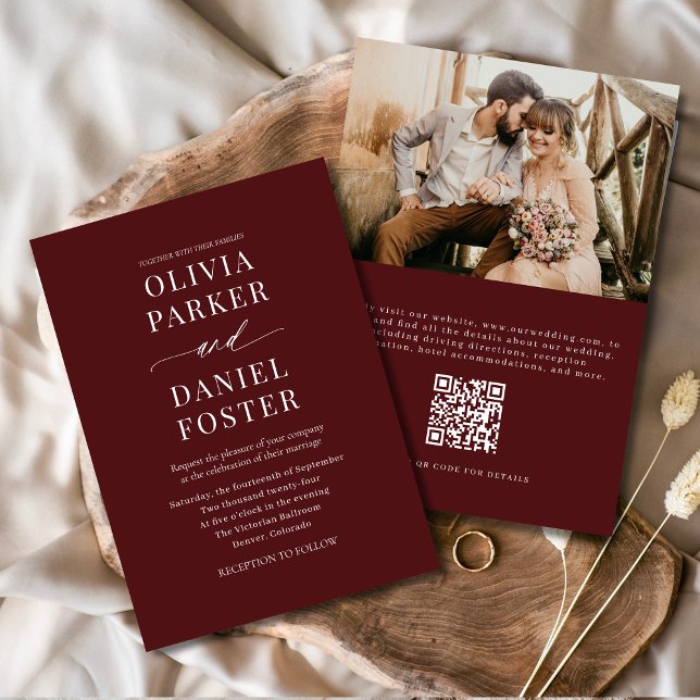 Elegant Burgundy QR Code Photo Wedding Invitation (Creator Uploaded)