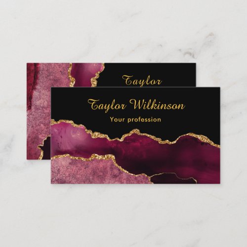 Elegant Burgundy Red and Gold Agate Business Card