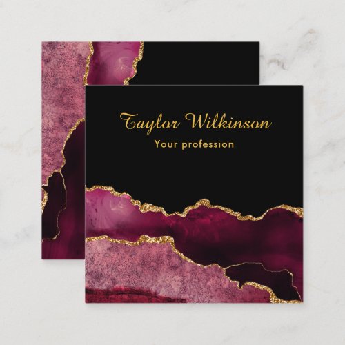 Elegant Burgundy Red and Gold Agate Square Business Card