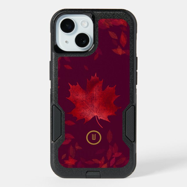 Elegant Burgundy Red and Gold Autumn Leaves iPhone 15 Case (Back)