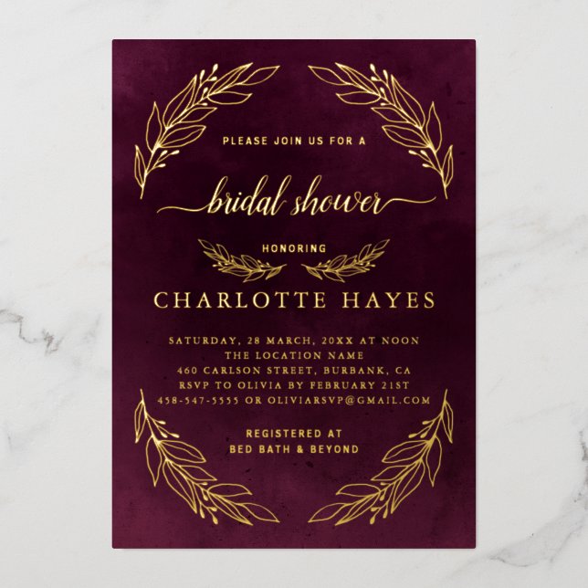 Elegant Burgundy Red And Gold  Bridal Shower Foil Invitation (Front)