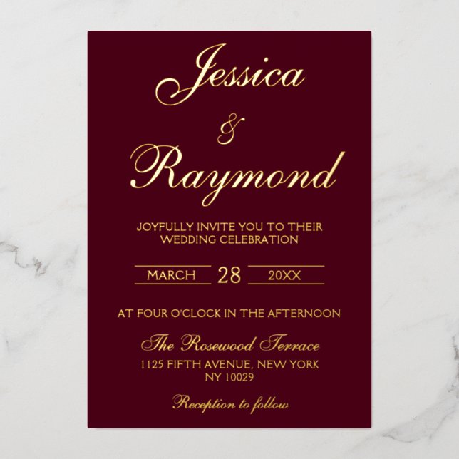 Elegant Burgundy Red and Gold Foil Wedding Foil Invitation (Front)
