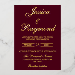 Elegant Burgundy Red and Gold Foil Wedding Invitation