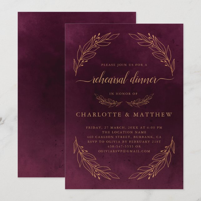 Elegant Burgundy Red And Gold  Rehearsal Dinner Invitation (Front/Back)