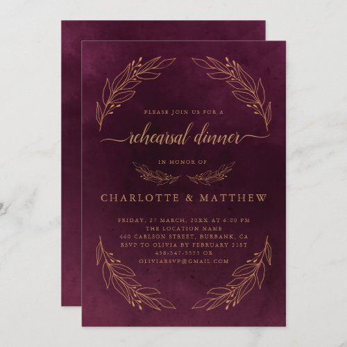 Elegant Burgundy Red And Gold  Rehearsal Dinner Invitation