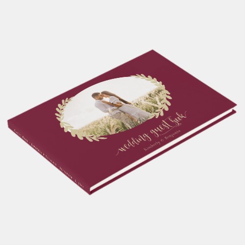 Elegant Burgundy Red and Gold Wreath Wedding Photo Guest Book