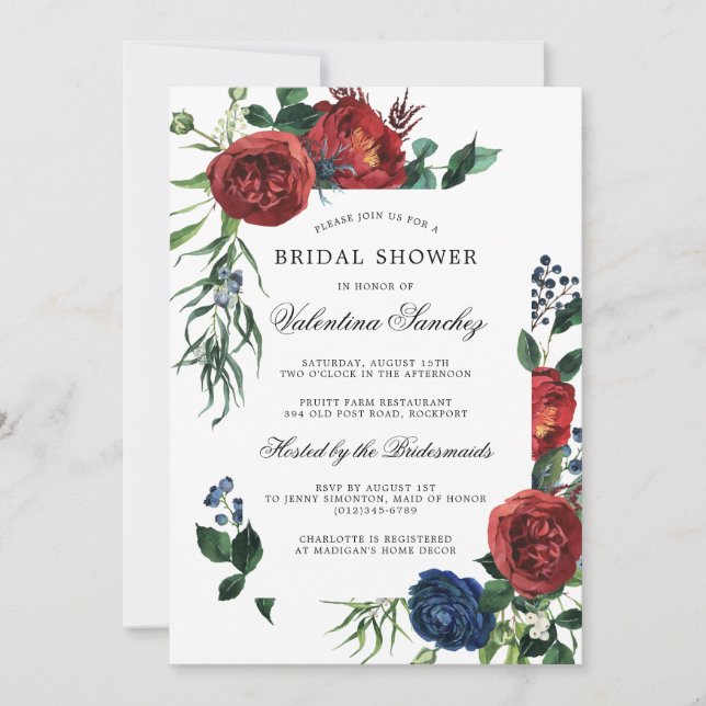 Elegant Burgundy Red Blue Floral Bridal Shower Inv Invitation (Front)