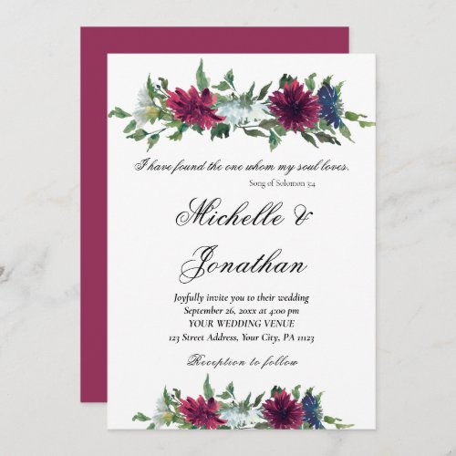 Elegant Burgundy Red Blue Floral Christian Wedding Invitation