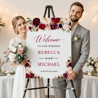 Elegant Burgundy Red Blush Floral Wedding Sign