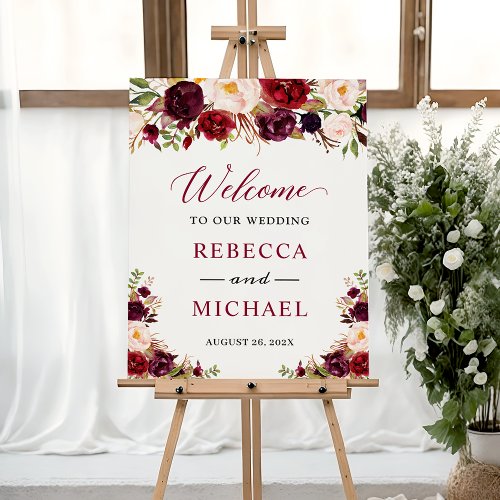Elegant Burgundy Red Blush Floral Wedding Sign
