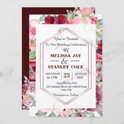 Elegant Burgundy Red Blush Pink Floral Wedding Invitation