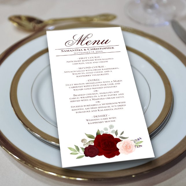 Elegant Burgundy Red & Blush Pink Roses Wedding Menu (Creator Uploaded)