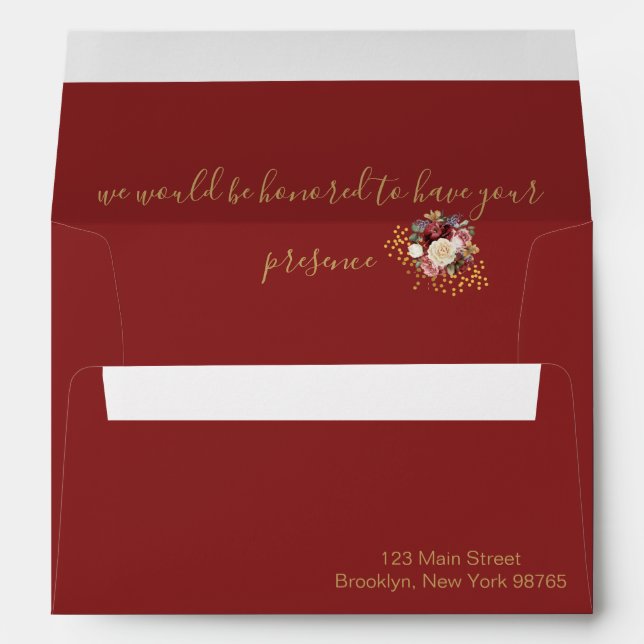 Elegant Burgundy Red Blush Roses Gold Invitation Envelope (Back (Bottom))