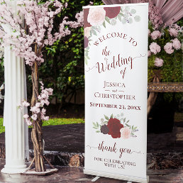 Elegant Burgundy Red &amp; Blush Roses Wedding Welcome Retractable Banner