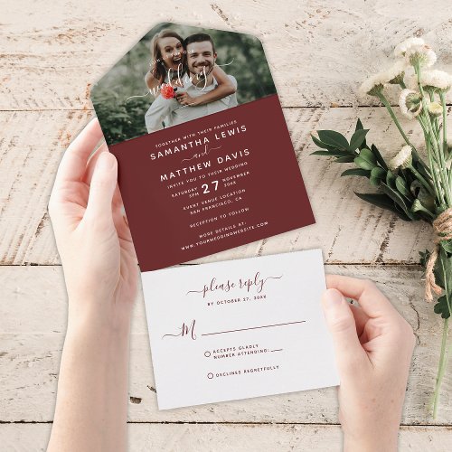 Elegant Burgundy Red Calligraphy Photo Wedding All In One Invitation