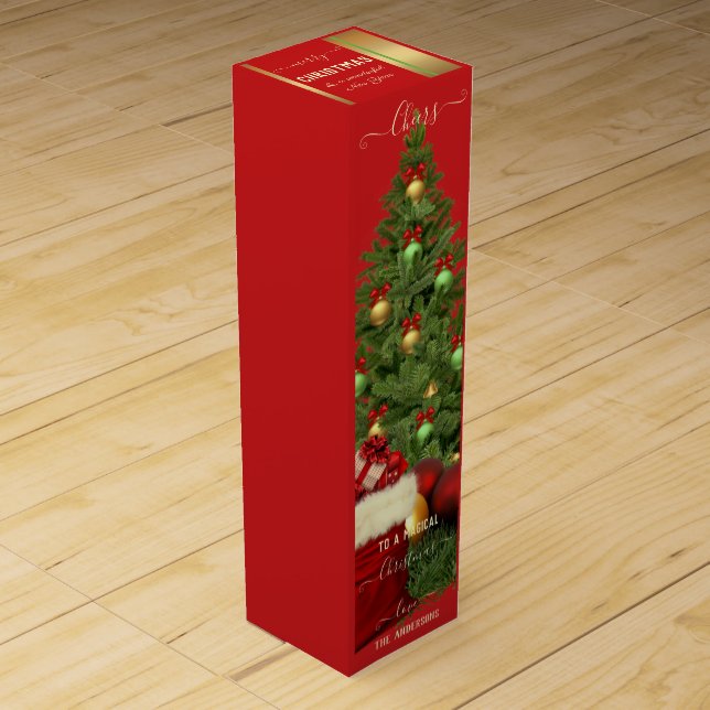 Elegant Burgundy Red Christmas Tree Wine Gift Box (Front)