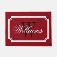 Elegant burgundy red family name monogram door mat