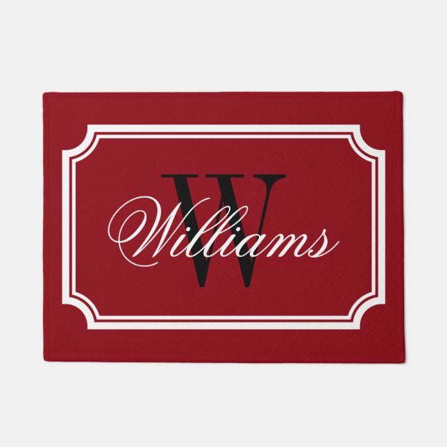 Elegant burgundy red family name monogram door mat (Front)