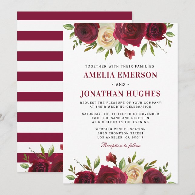 Elegant Burgundy Red Floral Fall Winter Wedding Invitation (Front/Back)