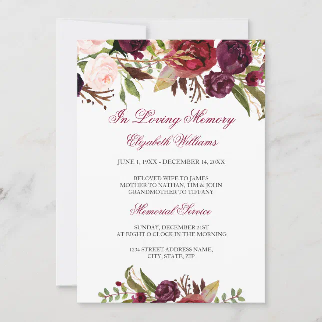 Elegant Burgundy Red Floral Memorial Service Invitation | Zazzle