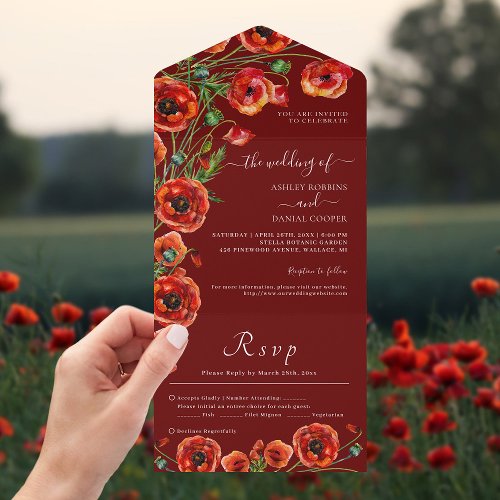 Elegant Burgundy Red Floral Wedding All In One Invitation