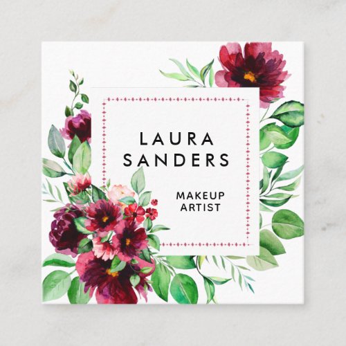 Elegant Burgundy Red Flower Makeup Artist Square Business Card