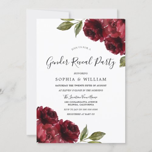 Elegant Burgundy Red Flowers Gender Reveal Party Invitation