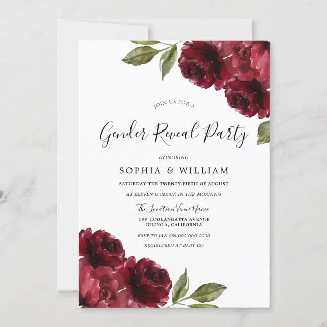 Elegant Burgundy Red Flowers Gender Reveal Party Invitation | Zazzle