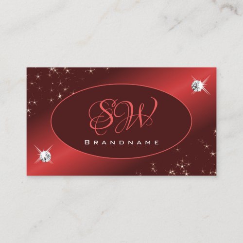 Elegant Burgundy Red Glitter Stars Jewels Initials Business Card