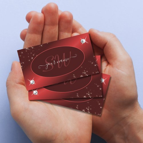 Elegant Burgundy Red Glitter Stars Jewels Monogram Business Card