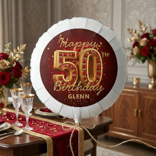 Elegant Burgundy Red Gold 50th Birthday Balloon