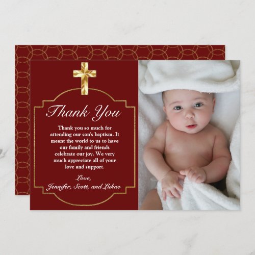 Elegant Burgundy Red Gold Cross Baptism  Thank You Card