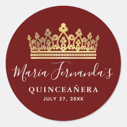 Elegant Burgundy Red Gold Crown Quinceanera Classic Round Sticker
