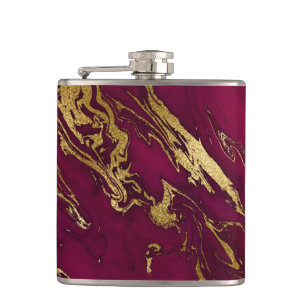 Elegant Burgundy Red Gold Faux Foil Marble Texture Flask