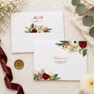 Elegant Burgundy Red & Gold Floral Script Wedding Envelope