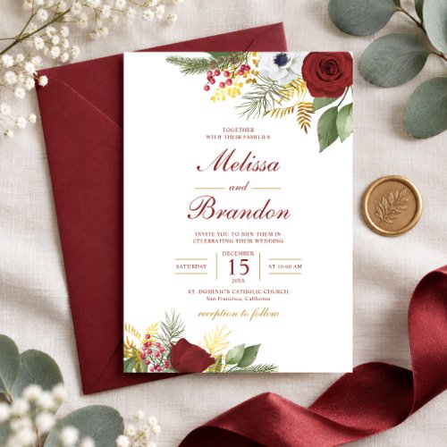 Elegant Burgundy Red &amp; Gold Floral Script Wedding Invitation
