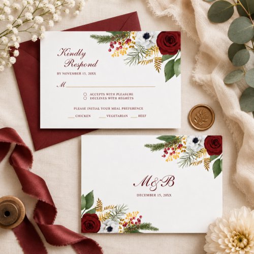Elegant Burgundy Red &amp; Gold Floral Script Wedding RSVP Card