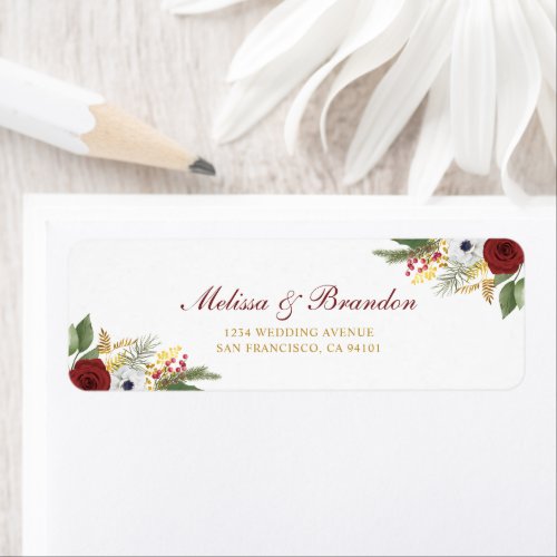 Elegant Burgundy Red & Gold Floral Wedding Address Label