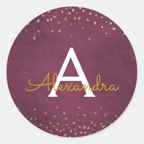 Elegant Burgundy Red _ Gold Foil Confetti Monogram Classic Round Sticker