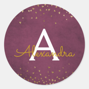 Elegant Burgundy Red - Gold Foil Confetti Monogram Classic Round Sticker