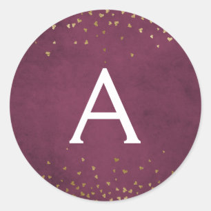 Elegant Burgundy Red - Gold Foil Confetti Monogram Classic Round Sticker