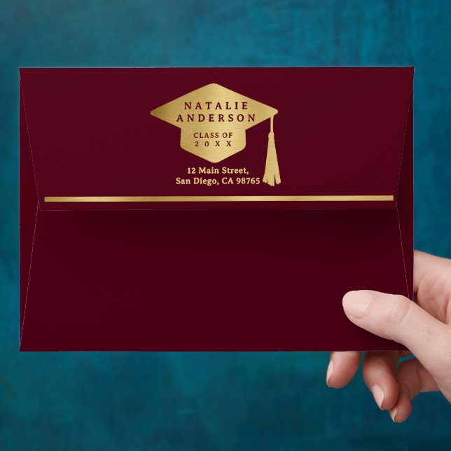 Elegant Burgundy Red Gold Graduate Hat Graduation Envelope (Hand)