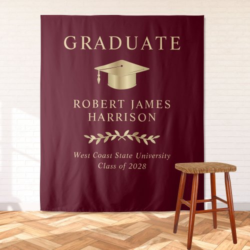 Elegant Burgundy Red Gold Graduation Party Welcome Tapestry