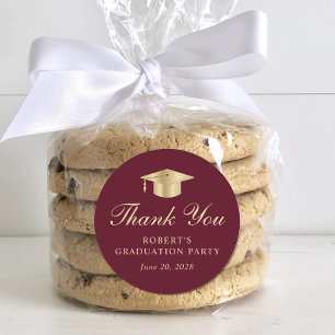 Elegant Burgundy Red Gold Graduation Thank You Classic Round Sticker