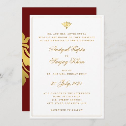 Elegant Burgundy Red Gold Indian Wedding Invitation
