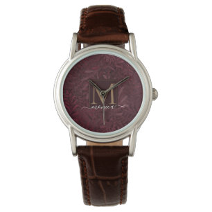 Elegant Burgundy Red Gold Monogram Floral Pattern Watch