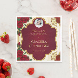 Elegant Burgundy Red & Gold Rose Quinceañera Napkins